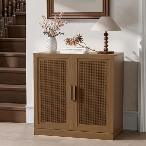 31 in. Tall Wood Grain Storage Cabinet in White, Storage Organizer with 2 Rattan Weave Doors for Bedroom Living/Dinning Room - 1 of 4