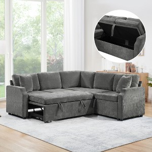 81.9" L-Shaped Sectional Sofa Bed with Pull-Out Sleeper, Hidden Storage, Chenille Upholstery & Pillows, Space-Saving Couch for Living Room/Apartment - 1 of 4