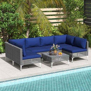 Costway 7 Piece Outdoor Furniture Set with Seat & Back Cushions Tempered Glass Coffee Table Navy/Gray - 1 of 4