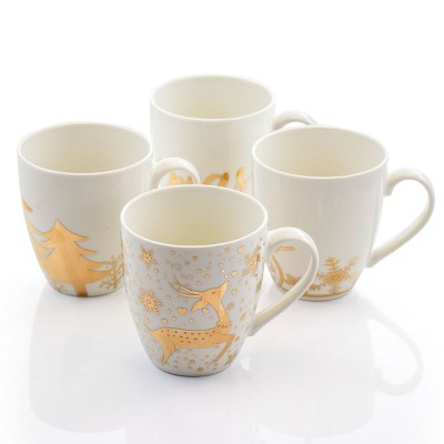 Gibson Home 4 Piece Holiday Gold 20 Ounce Fine Ceramic Mug Set with Assorted Designs