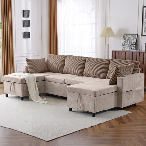 Whisen 113.4" Sectional Sofa, Pull-out Sofa Bed, Versatile Couch with Large Storage Space, Two Cup Holders - 1 of 4