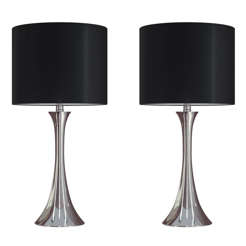 Photos - Floodlight / Street Light LumiSource  Lenuxe 24" Contemporary Metal Table Lamps Polished Nickel with Black Silk-like Shade from Grandview Ga(Set of 2)
