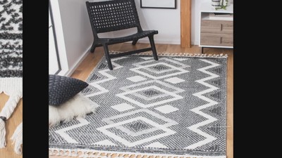 Ivory and Black Diamond Pattern Shag Area Rug with Braided Fringe