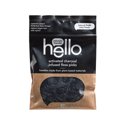 hello Activated Charcoal Infused Natural Mint Floss Picks with Plant-Based Handles - Trial Size - 80ct
