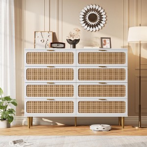 Rattan 8 Drawer Dresser for Bedroom, 47"W Wooden Chest of Drawers with Metal Handles, Wooden Dresser TV Stand, Clothes Storage Organizer for Bedroom - 1 of 4