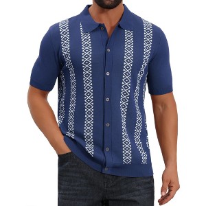 INSPIRE CHIC Men's Jacquard Short Sleeve Button Down Knitted Golf Polo Shirts - 1 of 4