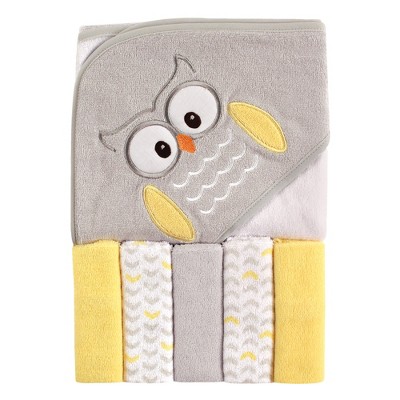 Luvable Friends Baby Unisex Hooded Towel with Five Washcloths, Owl, One Size