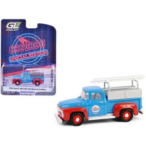 1956 Ford F-100 Pickup Truck with Tool Boxes and Ladders "Chevron" Blue and Red 1/64 Diecast Model Car by Greenlight - 1 of 4