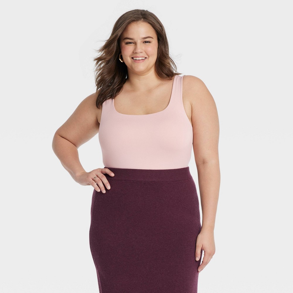 Women's Seamless Tank Bodysuit - A New Day™ Light Pink 4X: Nylon Spandex Blend, Slim Fit, Square Neckline, Crotch Snap Closure