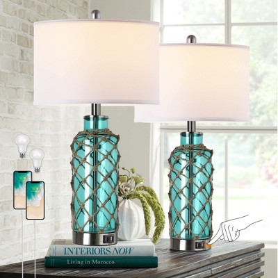 ROTTOGOON Cottage Nautical Accent Table Lamp Set of 2, Touch Control Bedside Lamp with 2 USB Ports & White Shade for Living Room, Bedroom