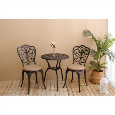 SKRAN Set of 3 Outdoor Table and Chair Set ,Rust-Resistant Cast Aluminum Patio Bistro Set with Brown Cushion for Patio, Balcony, Garden, Black