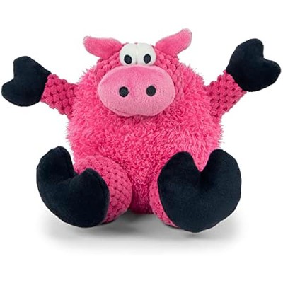 goDog Checkers Sitting Pig Squeaky Plush Dog Toy, Chew Guard Technology - Pink, Small