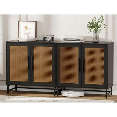 COMHOMA 2 Storage Cabinet with Rattan Doors, Free Standing Buffet Cabinet, Black
