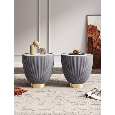 Anderson Round Grey Leatherette End Tables with Gold Base, Set of 2