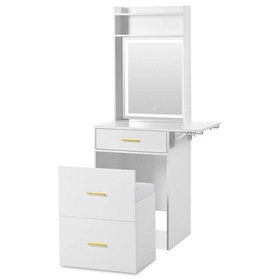 Small Vanity Desk with Mirror and Light, Dressing Table with Charging Station & Fold-up Panel for Small Space