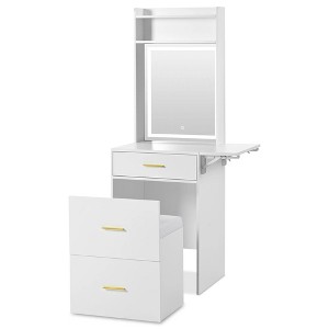 Small Vanity Desk with Mirror and Light, Dressing Table with Charging Station & Fold-up Panel for Small Space - 1 of 4