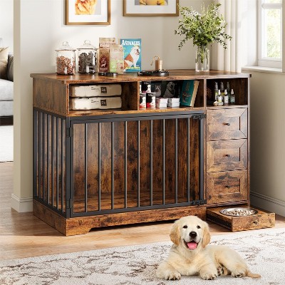 48 Inch Dog Crate Furniture, Indoor Dog Kennel with Hidden Bowl, 3 Drawers and 3 Open Drawers, Decorative Pet Crate for Large Dogs