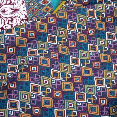 King Size Boho Stripe Reversible Cotton Quilt Set in Purple and Yellow