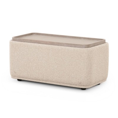 Sylvie Cream Boucle Upholstered Ottoman Table with Wood Top