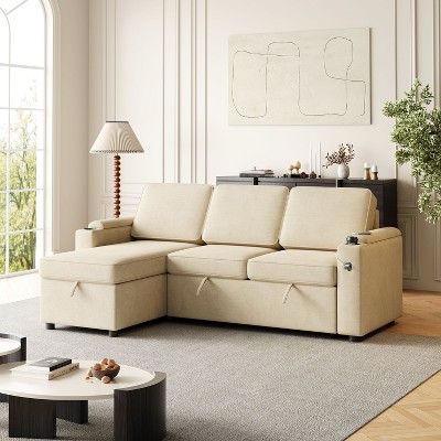 NicBex Couches for Living Room 85.8" Convertible 2 in 1 Pull Out Sofa Bed Upholstered Sleeper Sofa with Storage and Charging Port, Gray, Beige