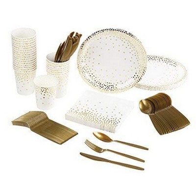  Gold Foil Party Supplies (Serves 24) Plates, Napkins, Cups, Cutlery - Polka Dots 