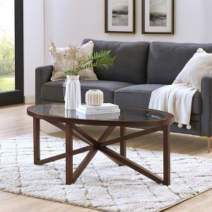 Vynxaria Modern simple Fiberglass coffee table, tempered Fiberglass coffee table solid wood base round transparent Fiberglass top - 1 of 4