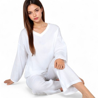 Anna-Kaci Lounge Women's V-Neck Top and Wide-Leg Pant Set in Soft Waffle Knit