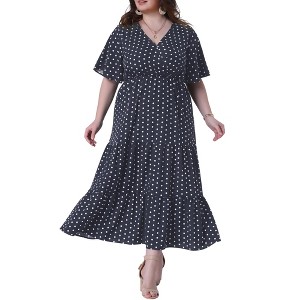 Women's Plus Size Polka Dot V Neck Short Sleeve Tiered Elastic Waist Casual A Line Maxi Dress - Agnes Orinda 3X Dark Blue - 1 of 4