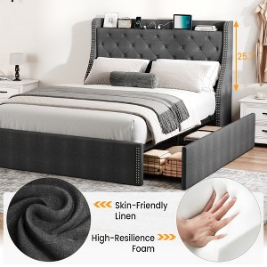 Bed Frame with Storage - 4 Underbed Drawers & Wingback Headboard, Built-in Charging Station Ports, Diamond Tufted Upholstered Platform - 1 of 4