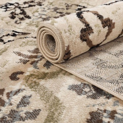 Beige Floral Damask Polypropylene Area Rug with Jute Backing
