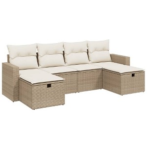 vidaXL Patio Sofa Set with Cushions Outdoor Furniture 6 Piece Poly Rattan - Beige and Cream Without Storage - 1 of 4