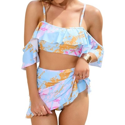 Womens Two Piece Swimsuits Ruffle Swim Skirts With Built in Brief Off Shoulder Flounce Crop Top Spaghetti Strap Swimwear Sets Light Blue Xl Target