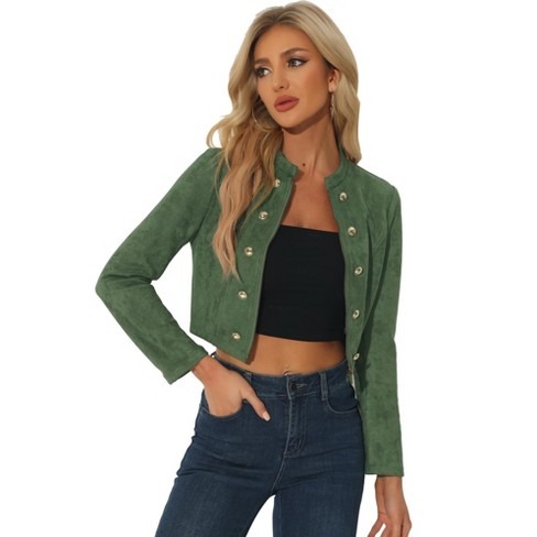 Allegra K Women s Stand Collar Zip Up Faux Suede Cropped Jacket Green X large Target