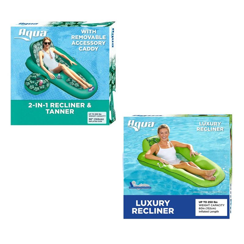 Aqua Leisure Campania 2 in 1 Convertible Water Lounger Pool Inflatable, Floral + Luxury Water Recliner Lounge Pool Float with Headrest, Lime Floral, 1 of 7