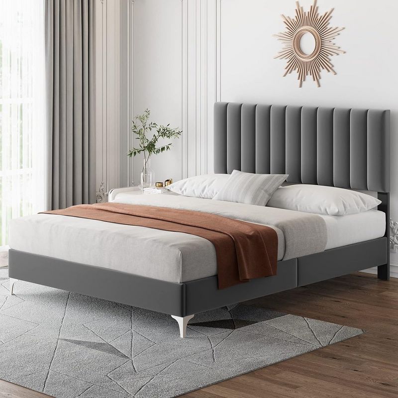 Whizmax Bed Frame Modern Velvet Upholstered 11 Inch Bed Frame with Headboard No Box Spring Needed, Gray, 1 of 9