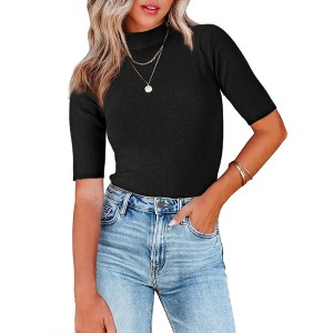 INSPIRE CHIC Women's Mock Neck Lightweight Slim Fit Half Sleeve Knit Pullover Sweater - 1 of 4