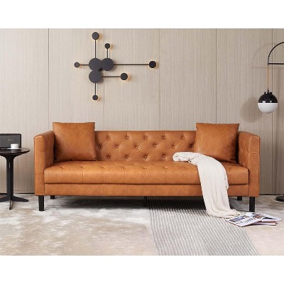 Modern Leather Couch for Living Room, 81" Chesterfield Sofa with Deep Seats and 2 Pillows, 3 Seater Sofa with Button Tufted