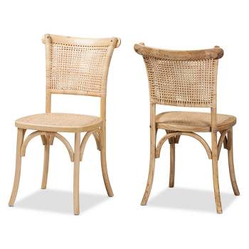 2pc Fields Woven Rattan and Wood Cane Dining Chair Set Brown - Baxton Studio