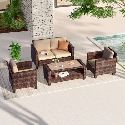 Sonkuki 4 Pieces Patio Conversation Set, Loveseat Sofa with Coffee Table, All-Weather PE Rattan Wicker Sofa
