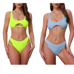 INSPIRE CHIC Women's Ribbed Scoop Neck Top Triangle Bottom Swimwear Bikini Suits 2 Sets - 1 of 4