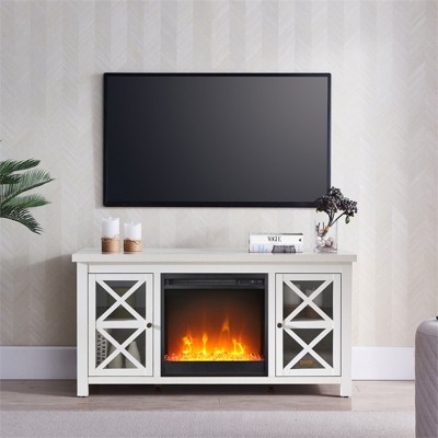 White 47 Inch TV Stand with Electric Fireplace and Glass Doors