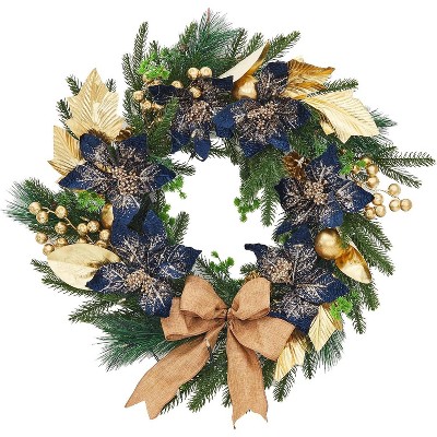 24 Inch Blue Christmas Wreath with Lights, Battery Operated Pre-Lit Artificial Wreath with 20 LED Lights & 8 Modes, Blue Bow & Floral Design