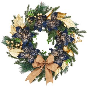 24 Inch Blue Christmas Wreath with Lights, Battery Operated Pre-Lit Artificial Wreath with 20 LED Lights & 8 Modes, Blue Bow & Floral Design - 1 of 4
