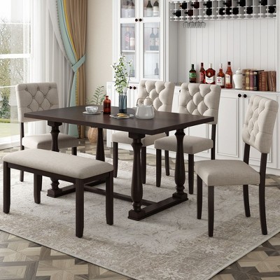 CAVINAS Dining Table Set for 6 Retro Rectangular Dining Room Table and Chairs with Bench for Kitchen
