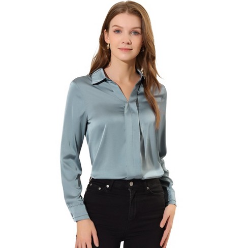 Allegra K Women's Elegant V Neck Long Sleeve Office Work Satin Blouse Grey  Blue Small : Target