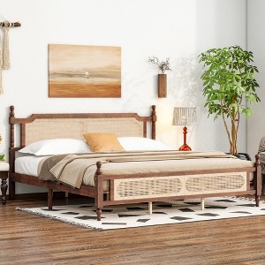 KTMBDW Rattan Bed Frame Queen/King with Natural Rattan Headboard and Footboard, Pine Wood Foundation with Silent Slats, No Box Spring Needed - 1 of 4
