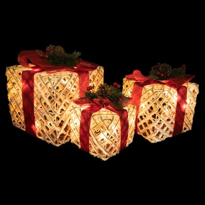 Set of Three Lighted White Glitter Christmas Gift Boxes