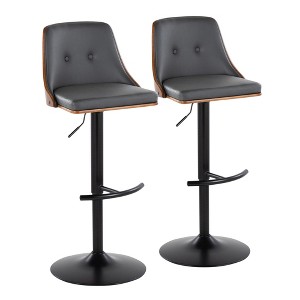 Faux Leather Mid-Century Modern Adjustable Swivel Barstool with Tufted Seat, Contoured Wood Back, and Rounded T Footrest, Set of 2 - 1 of 4