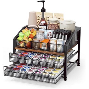Metal & Wood Coffee Bar Organizer, Multi-Function K-Cup Holder with Syrup & Condiment Storage - 1 of 4