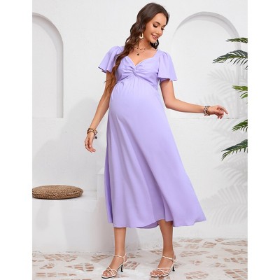 Maternity Dress Ruffle Short Sleeve V Neck Twist Front Summer A Line Midi Dress Baby Shower Photoshoot